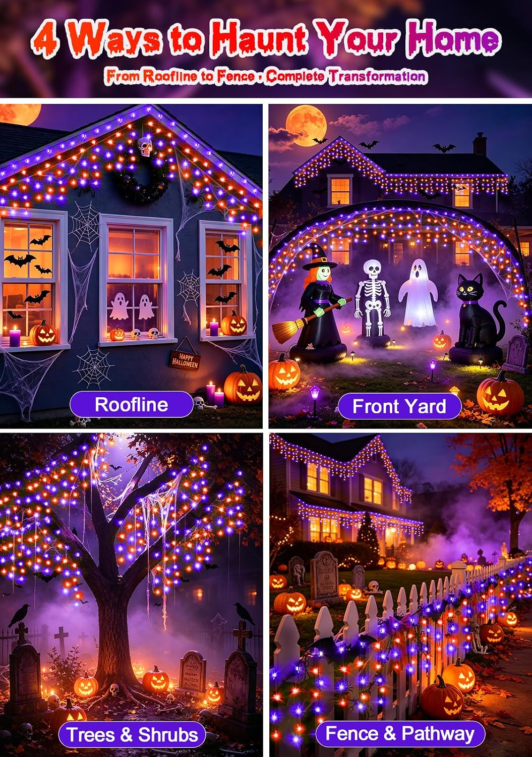 66FT 640LED Orange Purple Halloween Lights Outdoor 8 Modes Plug-in