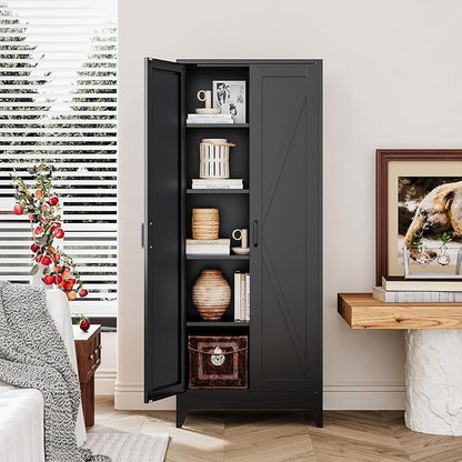 Black Tall Farmhouse Metal Pantry Linen Storage Cabinet and Organizers - Image 3