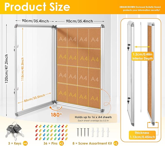 SWANCROWN Enclosed Bulletin Board 48x36 in, Tamperproof Lockable Cork Board - Image 2