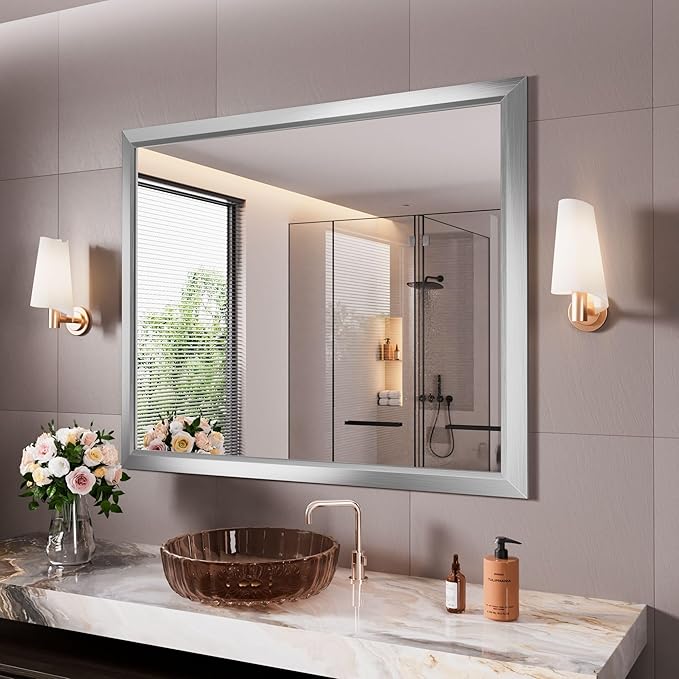 Amorho Bathroom Mirror, 44x36 Inch Silver Thick Metal Framed Wall Mirrors by Amorho