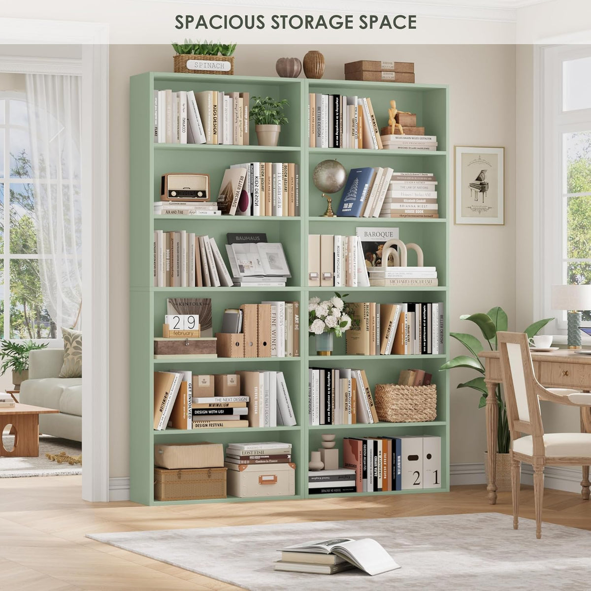FOTOSOK 6 Tier Tall Bookshelf and Bookcase with Open Display Shelves, Green