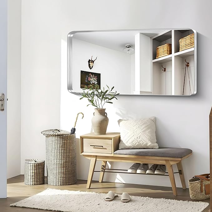 CIRCUMI Silver Bathroom Mirror, Rounded Corner, Tempered Glass, Large Mirror - Image 5