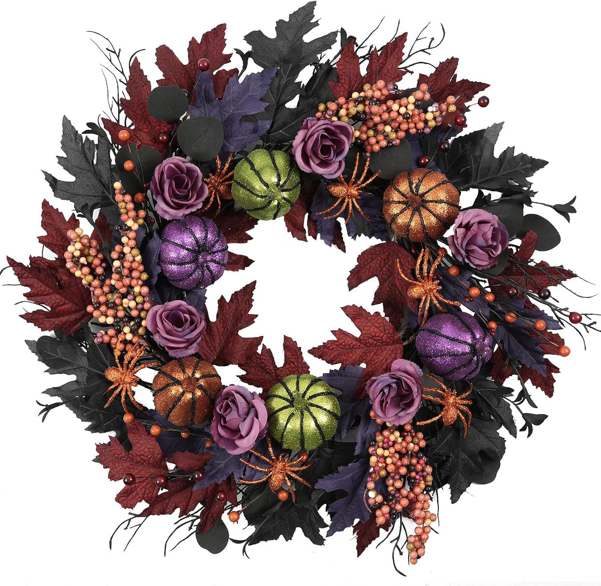 22" Halloween Wreath, Pumpkins Spiders Wreath for Front Door