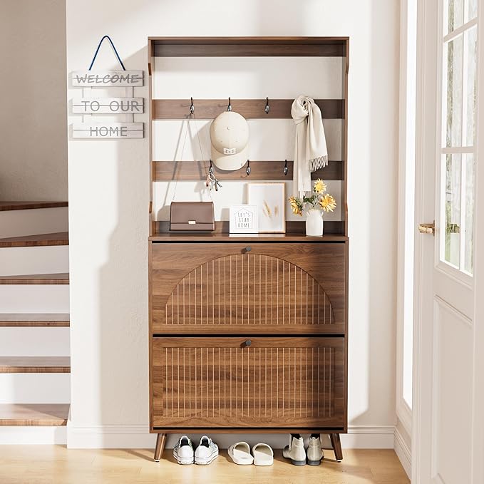 Shoe Cabinet for Entryway with 2 Flip Drawers & Coat Rack, Narrow Hidden Shoe - Image 7