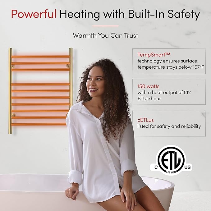 Heated Towel Rack, 10-Bar Wall-Mounted Electric Towel Warmer, Polished Gold - Image 7