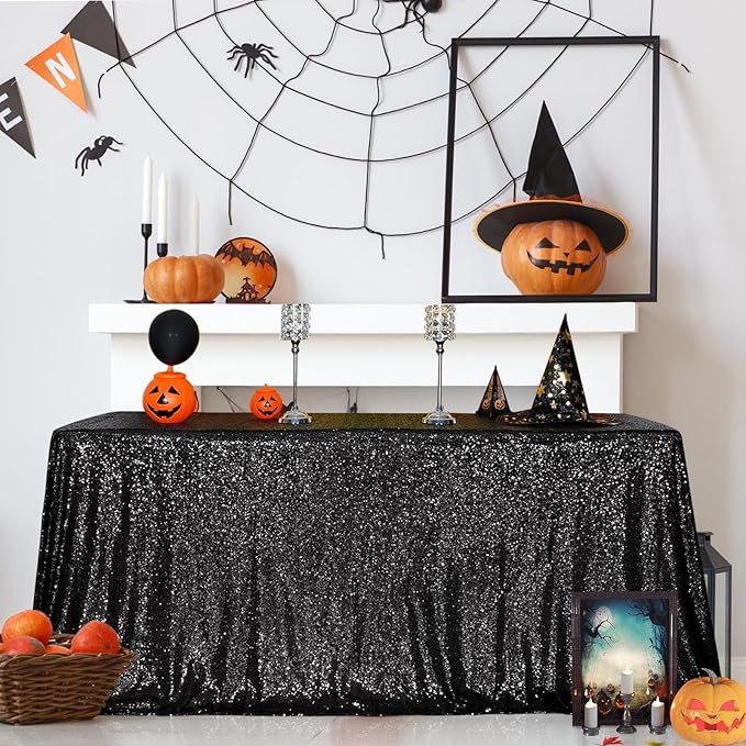 SquarePie Sequin Tablecloth 60 x 120 Inch Black Sparkly Table Linen for Hallo...