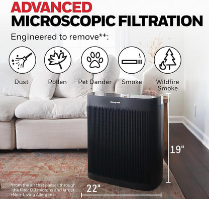 honeywell hepa air purifier for home, 2423 ft² shown in use