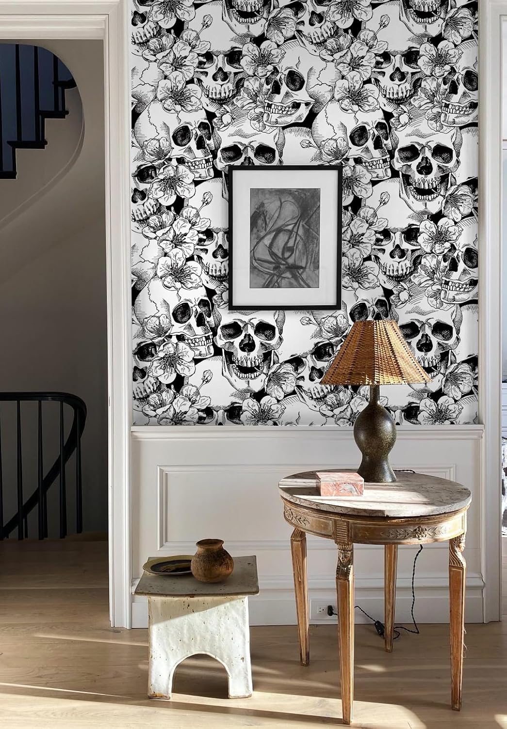 Sugar Skull Floral Peel and Stick Wallpaper - Waterproof, Thick, Self-Adhesive, Removable, Black/White, 17.5" x 393.7"