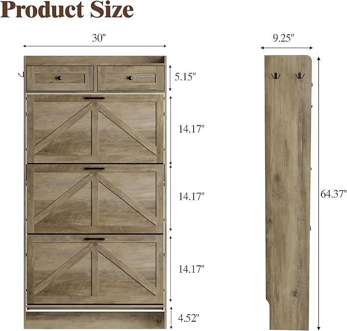 Shoe Cabinet with 3 Flip Drawers & 2 Storage Drawers, Rustic Farmhouse Narrow - Image 2