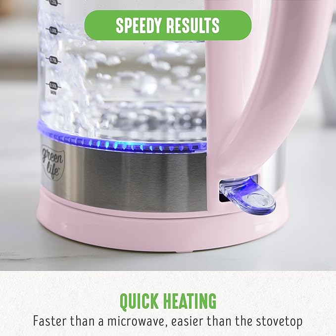GreenLife 1.7 Liter Glass Electric Kettle, Easy One Touch Use, Quick Heating - Image 8