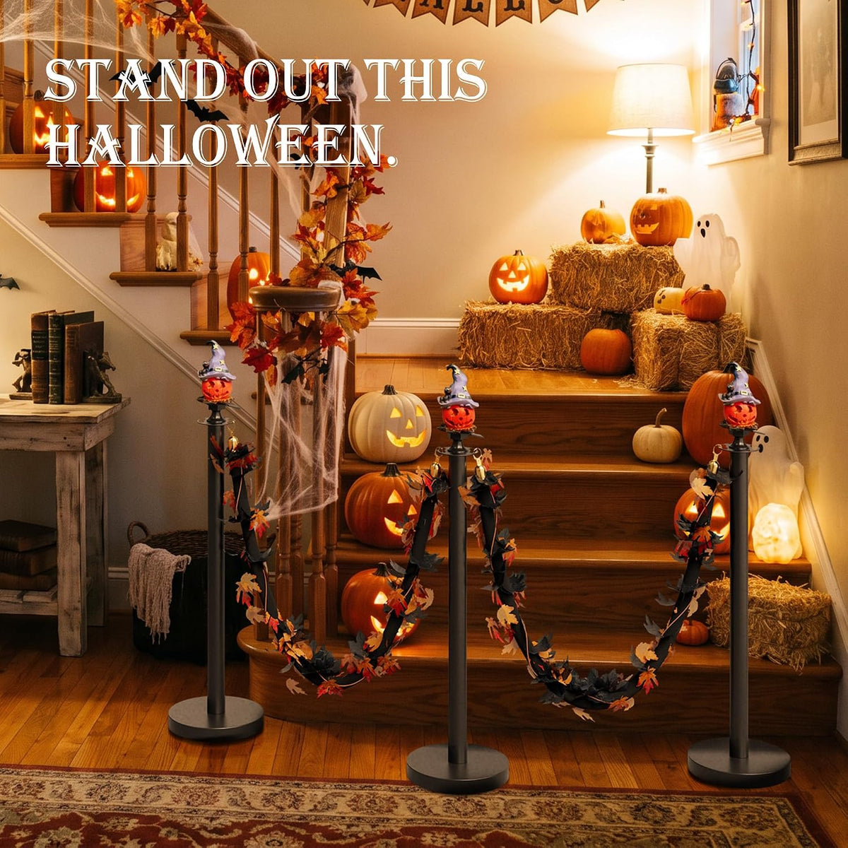 6 Pack Halloween Hat Pumpkin Head Black Stanchions and Velvet Ropes Set, Stai...