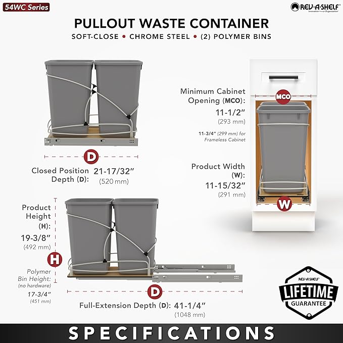 Rev-A-Shelf Steel Bottom Mount Double 27 Quart 6.75 Gallon Waste Bin Trash - Image 4
