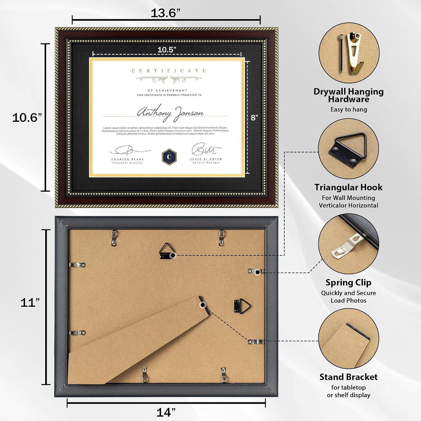 8.5x11 Diploma Frame with Black over Gold Mat or Full Display 11x14 Document Certificate Frame for Diploma Degree with HD Tempered Glass Graduation Picture Frame for Wall, Mahogany