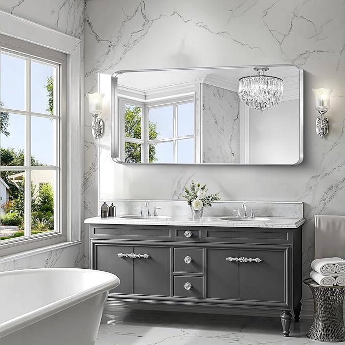 CIRCUMI Silver Bathroom Mirror, Rounded Corner, Tempered Glass, Large Mirror - Image 2