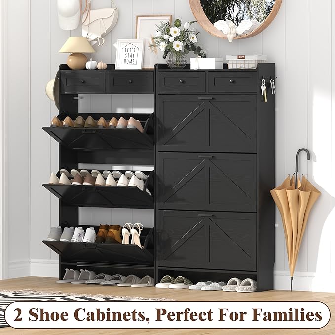 Shoe Cabinet with 3 Flip Drawers & 2 Storage Drawers, Rustic Farmhouse Narrow - Image 9