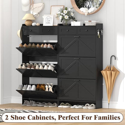 Shoe Cabinet with 3 Flip Drawers & 2 Storage Drawers, Rustic Farmhouse Narrow - Image 9