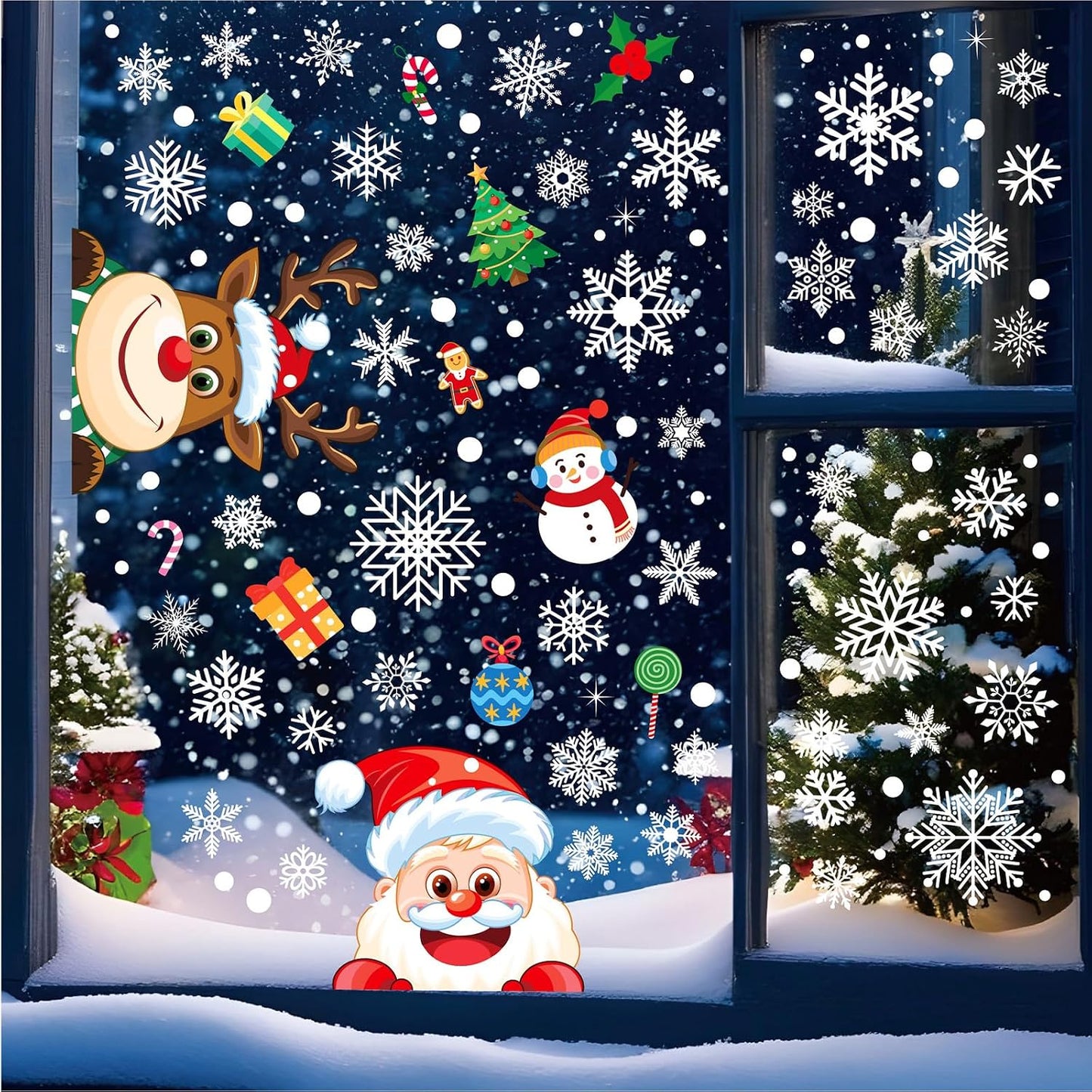 AOWDIAO Christmas Window Clings - 145 Pcs Xmas Glass Stickers, Santa, Snowflakes, Reindeer, Snowman - Winter Holiday Window Decorations for Festive Spirit