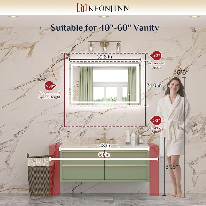 Keonjinn LED Mirror for Bathroom 40" x 24", Frontlit & Backlit Bathroom Mirror - Image 2
