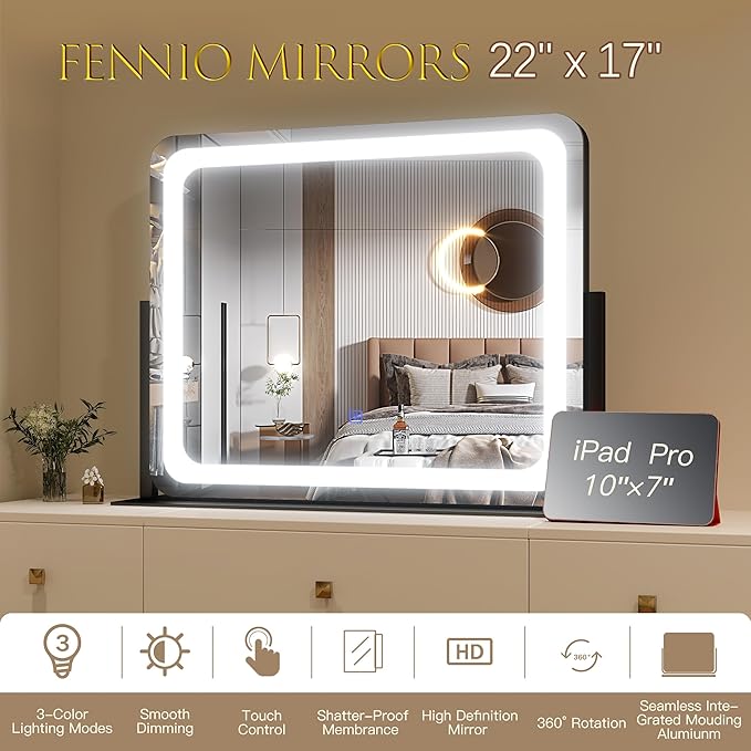 FENNIO Vanity Mirror with Lights 22"x17", LED Lighted Makeup Mirror, Large - Image 6
