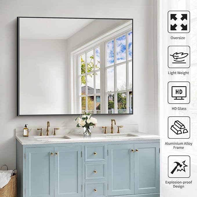 40x48inch Black Bathroom Mirror, Large Rectangular Wall Mirrors - Image 5