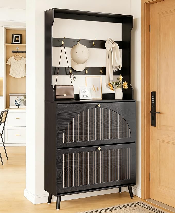 Shoe Cabinet for Entryway with 2 Flip Drawers & Coat Rack, Narrow Hidden Shoe by Fsbecl