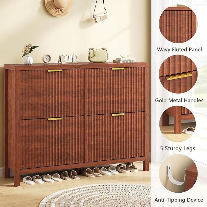 Shoe Cabinet Storage for Entryway, Fluted Walnut Shoe Cabinet - Image 6