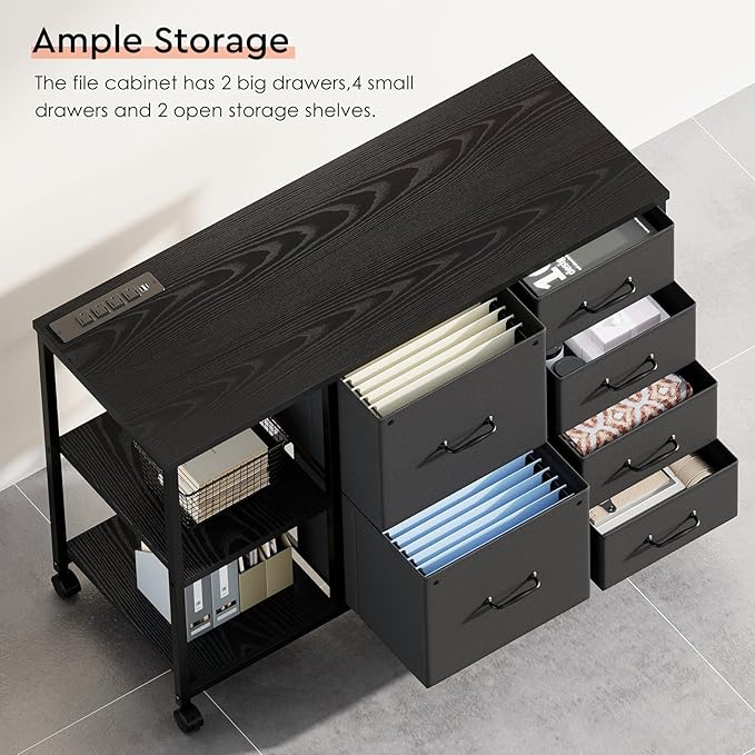 6 Drawer File Cabinet with Charging Station Rolling Printer Stand with Open - Image 7