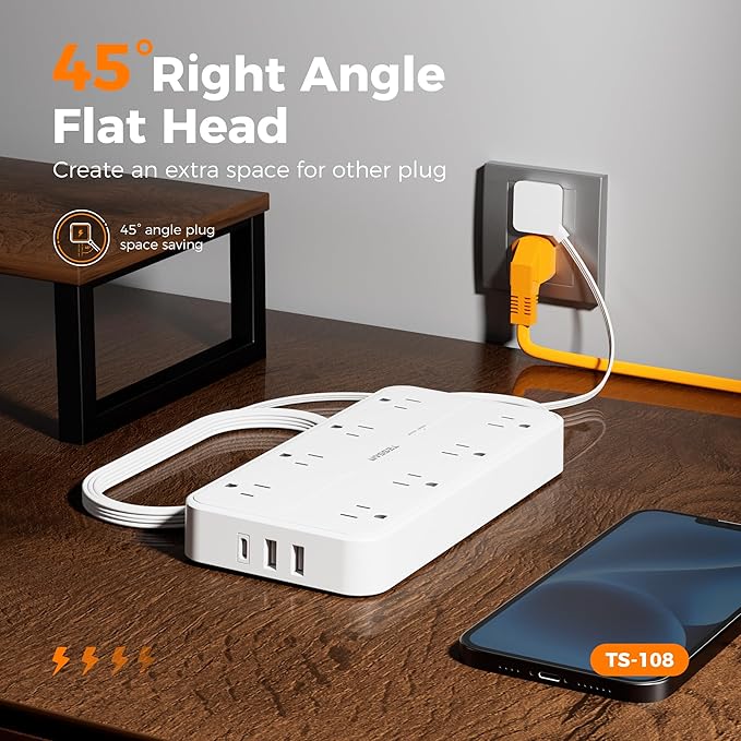 Power Strip with Surge Protection, TESSAN Flat Plug Extension Cord with 8 - Image 3