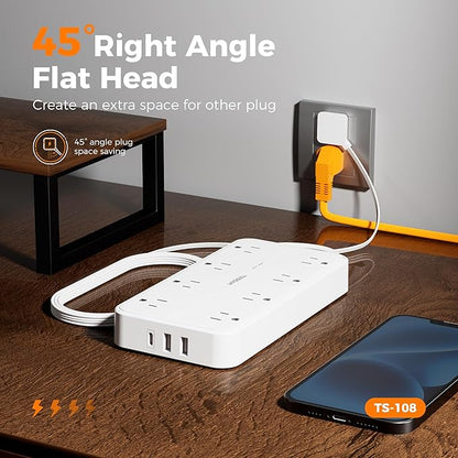 Power Strip with Surge Protection, TESSAN Flat Plug Extension Cord with 8 - Image 3