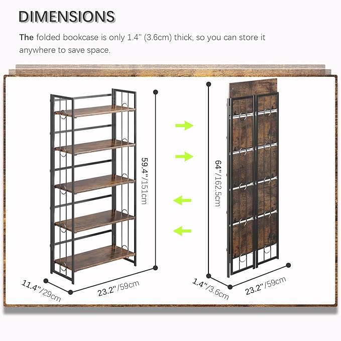 4NM No Assembly 5 Tiers Folding Bookshelf, 59.4" H Foldable Storage Shelves - Image 2