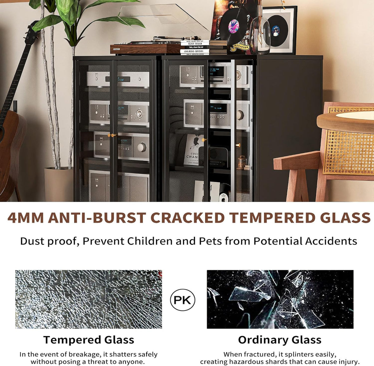 Heavy Duty 4-Tier Media Cabinet, Audio-Video Media Stand with Tempered Glass ...