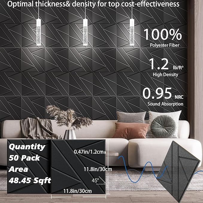 50 Pack Bulk Self-Adhesive Soundproof Wall Panels, 1.2lb/ft³ High Density - Image 6