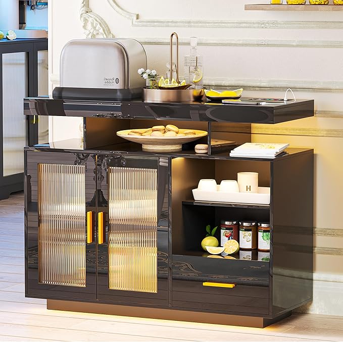 40" Wood LED Coffee Bar with Wireless Charging Station, Kitchen Storage Coffee - Image 7