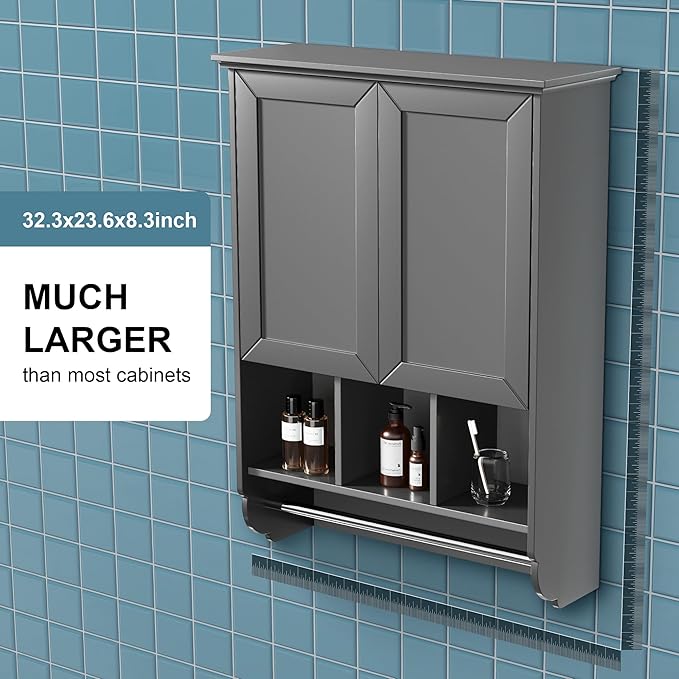 Bathroom Wall Cabinet with Towel Bar, Wooden Medicine Cabinet Adjustable Shelves - Image 9