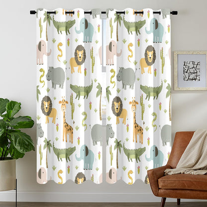 MESHELLY Baby Safari Animals Blackout Curtains 52Wx63H Inch for Boy Bedroom Grommet Pair Kids Woodland Jungle Lion Elephant Art Printed Curtains for Nursery Living Room Window Treatment Fabric