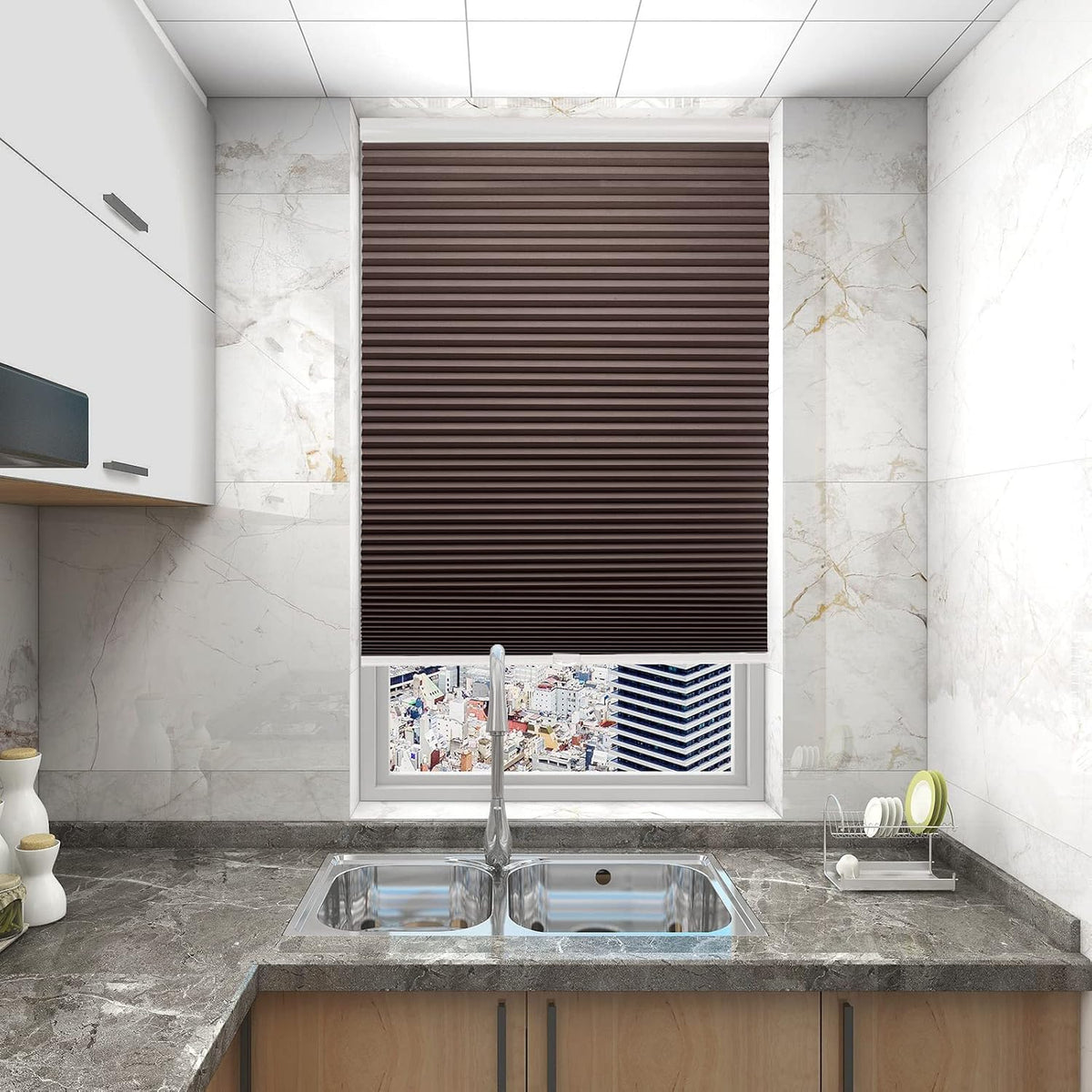 Cellular Shades Door Window Blinds Cordless Blackout, Honeycomb Blind Accordion Shade Room Darkening Indoor Pleated 1.5" Cell, Custom Size, Taupe
