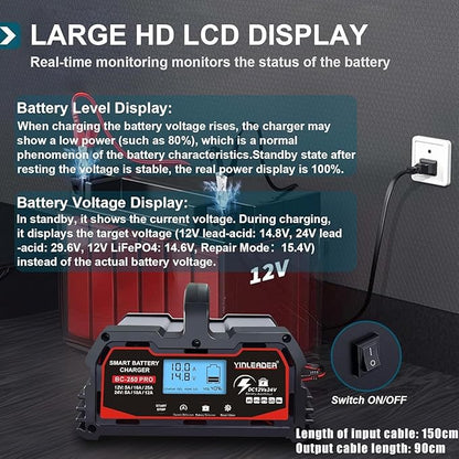 Battery Charger 25A, 12V/24V Lead Acid Smart Battery Charger, 12V LiFePO4 Car - Image 6