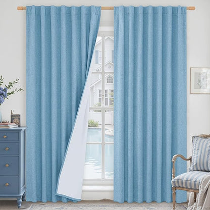 LAMIT Blue 100% Blackout Linen Curtains, 84 Inch Linen Textured Living Room by LAMIT