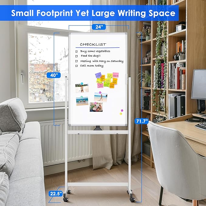 Magnetic Mobile White Board, 40 x 24 Double Sided Dry Erase Board Rolling - Image 2