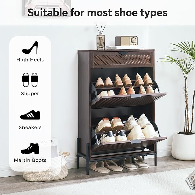 Shoe Cabinet Storage with 2 Flip Drawers, Narrow Hidden Shoes Organizer Cabinet - Image 3