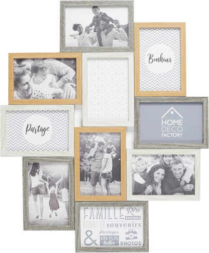 HOME DECO FACTORY - HD4213 – Multi-Photo Frame for 10 Photos Wood and White Souvenir Decoration – Beige Brown