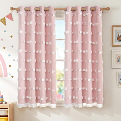 RYB HOME Room Darkening Pink Pom Pom Curtains for Nursery, Double Layer | Sheer Overlay, Cute Princess Style Decor, For Baby Girls Toddler Room, With 2 Bow Tie Backs,W52 x L63,2 Panels