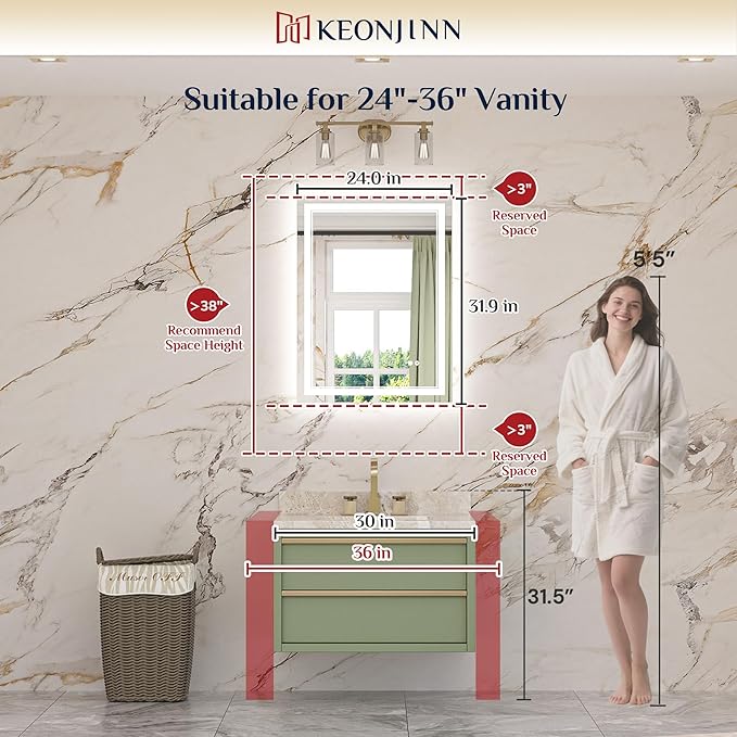 Keonjinn LED Mirror 24 x 32 Inch, Lighted Bathroom Vanity Mirror - Image 2
