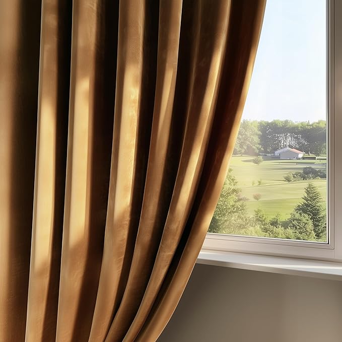 FMFUNCTEX Velvet Blackout Curtains Gold Brown Thermal Insulated Curtains - Image 2