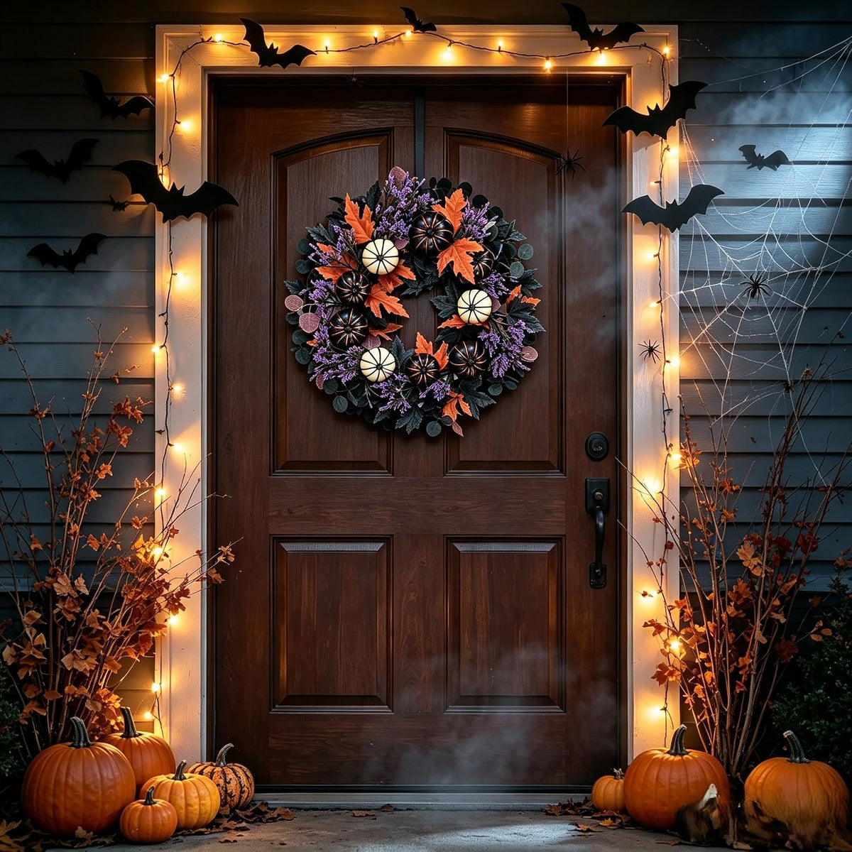 22" Halloween Wreaths for Front Door Black White Pumpkins Fall Wreath