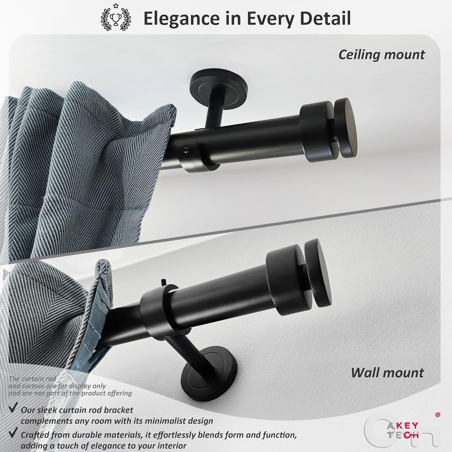 Heavy Duty Ceiling Mount Curtain Rod Brackets, Curtain Rod Holders, 2 Pack | Black, Wall & Ceiling Installation, Ceiling Mount Curtain Rod Holders, Low Profile, Fix Length Hardware Set, for 1 in Rods