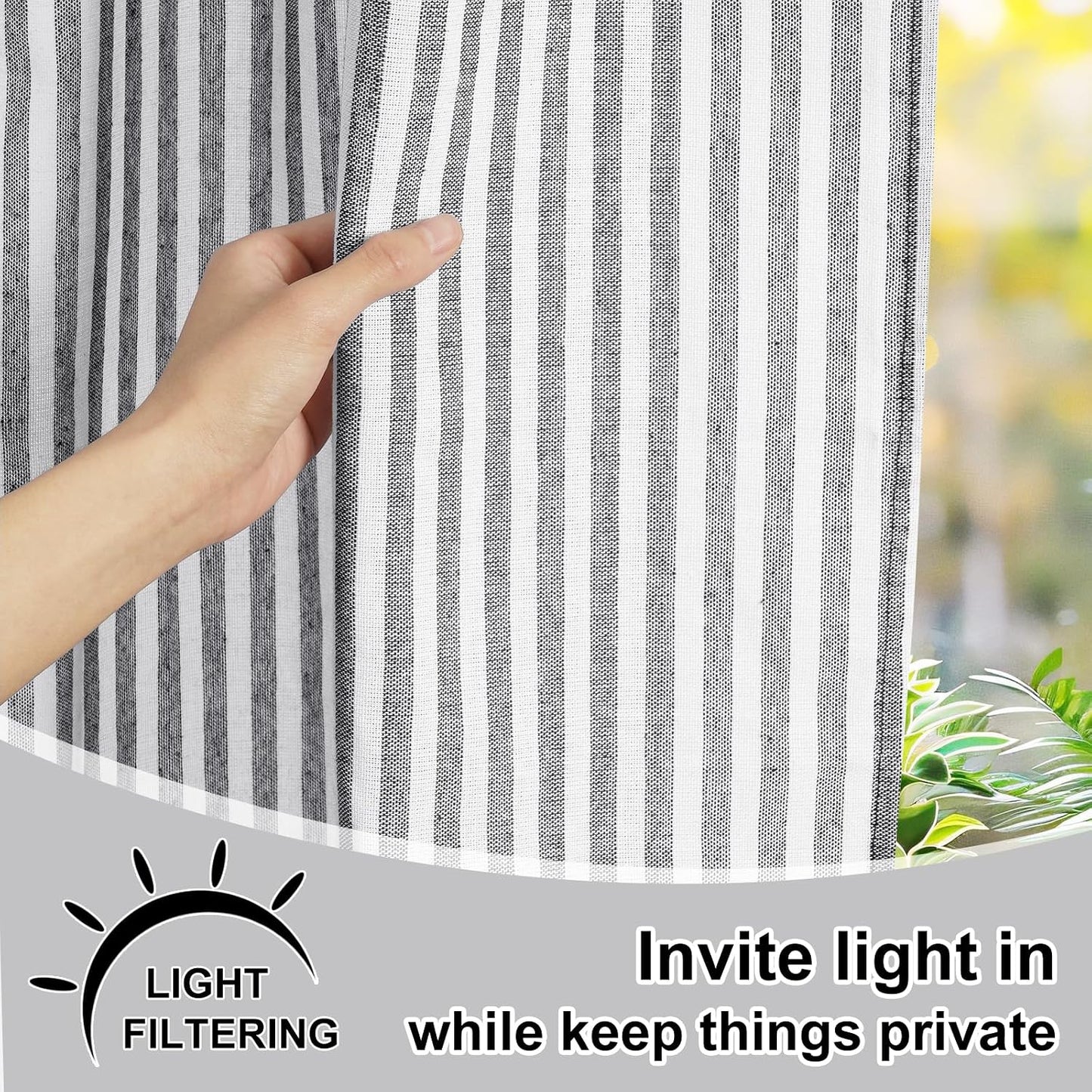 BLEUM CADE Farmhouse Kitchen Curtains 24 Inch, Cotton Linen Cafe Curtains with Rustic Buttons, Boho Small Window Curtains for Bathroom, Black with Grey Stripe Half Window Drapes Over Sink, 2 Panels