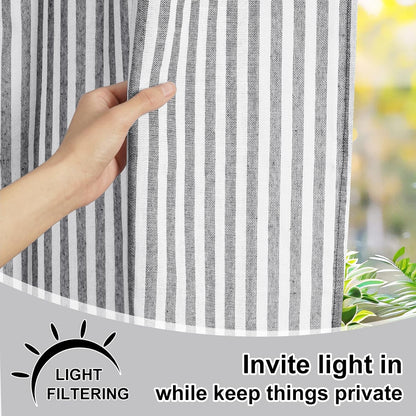BLEUM CADE Farmhouse Kitchen Curtains 24 Inch, Cotton Linen Cafe Curtains with Rustic Buttons, Boho Small Window Curtains for Bathroom, Black with Grey Stripe Half Window Drapes Over Sink, 2 Panels