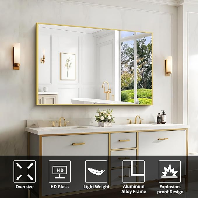 Gold Bathroom Mirror for Wall, 60x36 Inch Rectangle Mirrors - Image 3