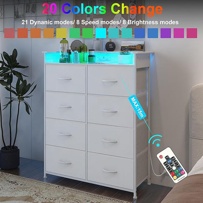White Dresser for Bedroom with Power Outlets and LED Lights Narrow 8 Fabric - Image 3